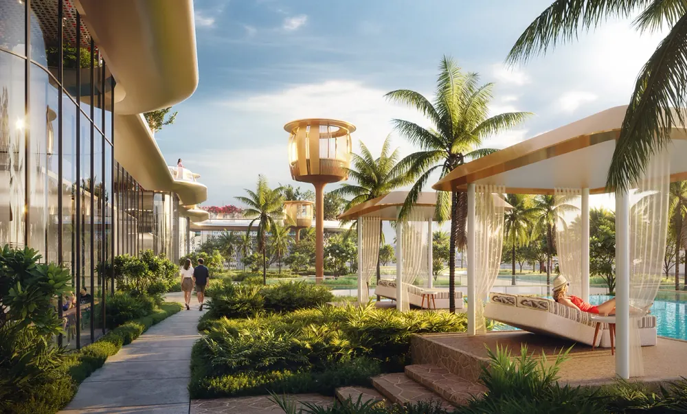 Landscaped garden pavilions and pool beside the residential towers