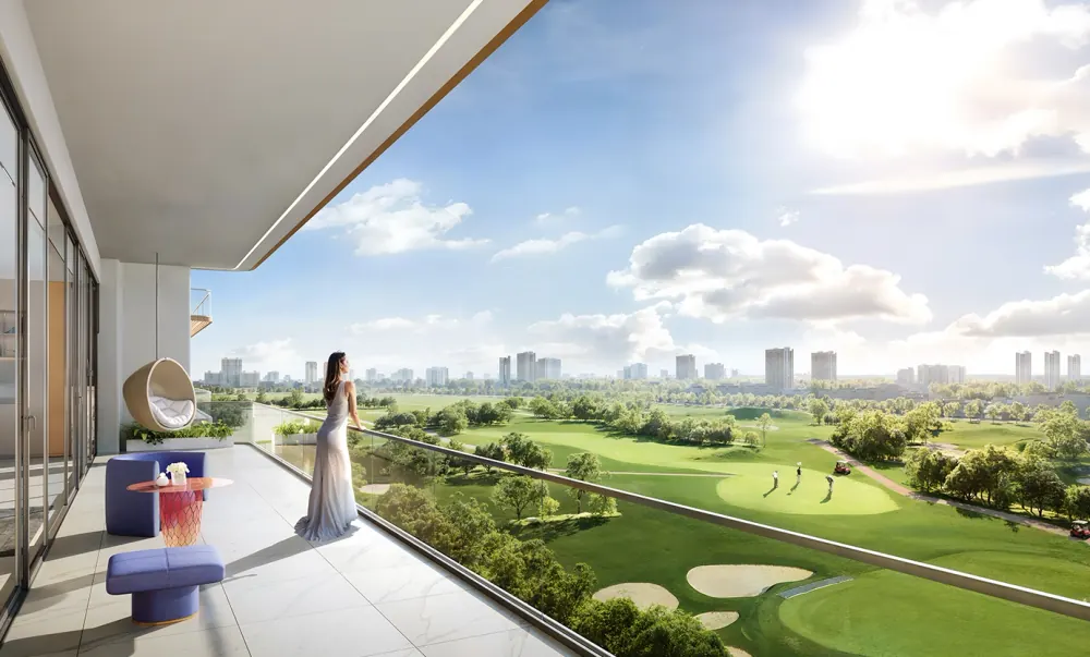 Private balcony with lounge chairs overlooking the golf course