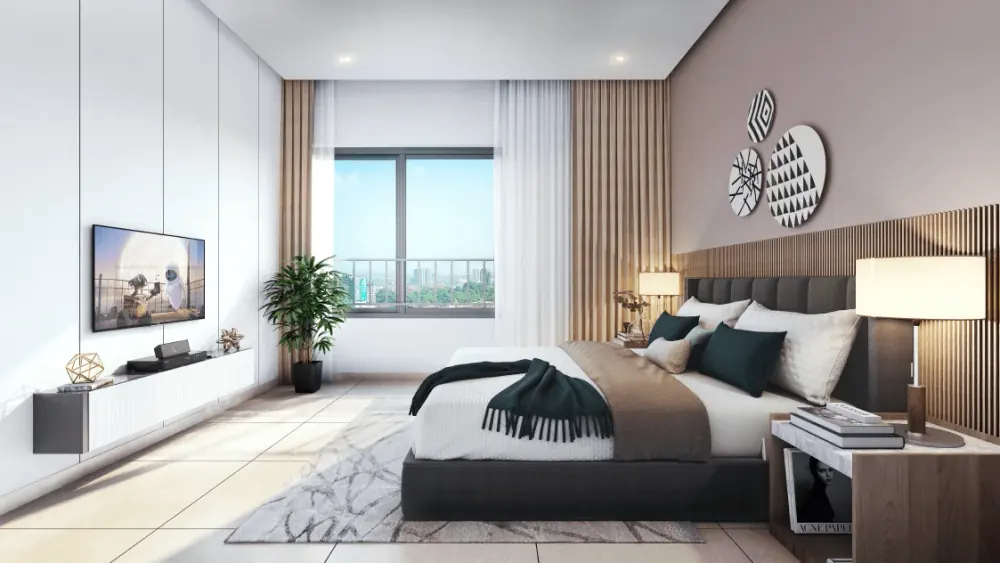 Sample bedroom with a king bed, TV wall and city-view window